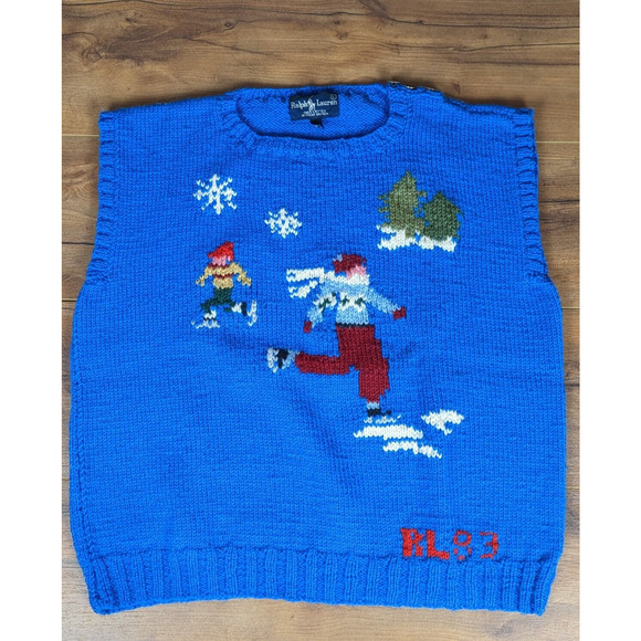 Vintage 80s Ralph Lauren Polo Wool Sweater Vest Blue Winter Wonderland M RL83